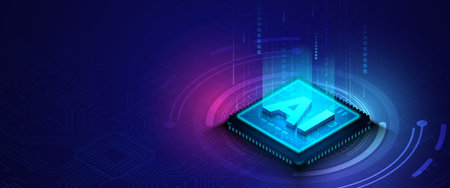 Advanced artificial intelligence processor vector illustration with glowing binary data streams and...