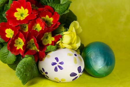 Colorful painted Easter eggs with primroseの写真素材