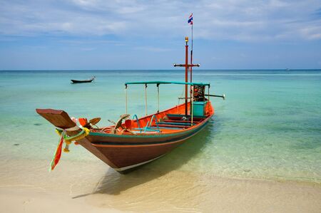 A Long Tail Boat on Haad Salat Beach in Koh Pangan, Thailandのeditorial素材