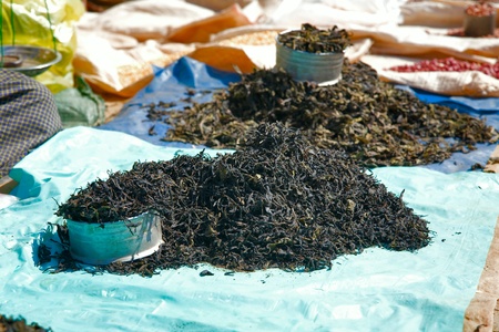 Different kind of tea for sale  at market in Myanmarの写真素材