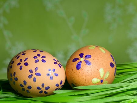 Painted Colorful Easter Eggs on green Grass