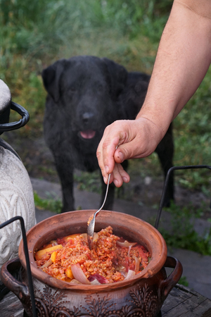 Process cooking pot in the tandoor oven on the summer outdoor green garden backgroundの写真素材