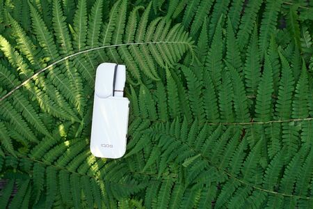 White IQOS battery  with  individual sticks lies on  abstract wooden texture with green, yellow...