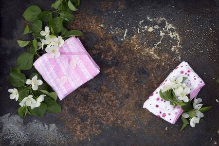 Creative top view apple  tree blooming flowers brunch  and textile pantie on rustic wooden background with copy space in minimal style, template for lettering, text or your designの写真素材
