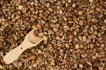 Background of    middle coffee beans  and wooden spoonの写真素材