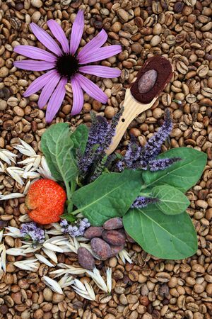 Flat lay  of medium roas bean coffee as background with  oats as milk replacer, mint, cocoa, powder, strawberries, tobacco, shag, echinaceaの写真素材