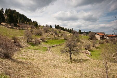village high in the mountain in early springの写真素材