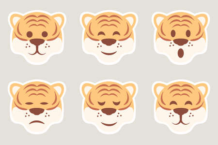 Set of flat vector stickers of tiger. Tigers head with different emotions. Symbol of New Year 2022.のイラスト素材