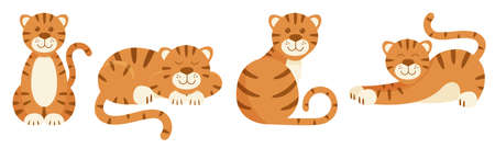 Flat set of tigers in diffrent poses. Isolated tiger on white background.のイラスト素材