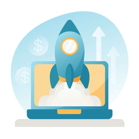 Startup concept of illustration with rocket flying out of laptop screen. Successful business launch. Investment growth.のイラスト素材