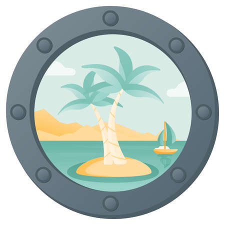 Summer illustration of island view with two palmas from the sea ship illuminator.のイラスト素材