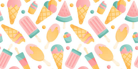 Seamless colorful pattern with diffrent types of ice cream on white backgroundのイラスト素材