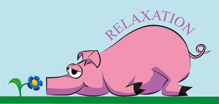 pink pig lying and resting on the grass and smelling a flowerのイラスト素材