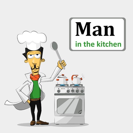 chef in the orange scarf with a spoon standing near a gas stove, which heats and cooks the soup kettle. Vector Illustrationのイラスト素材