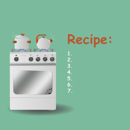 Gas stove with a pot and a kettle on a turquoise background. Background for the recipe, menu, website. Illustration Vectorのイラスト素材