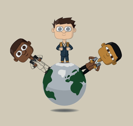 children of the world are the three nationalities in the world. Students with portfolios of different races. Vector Illustrationのイラスト素材