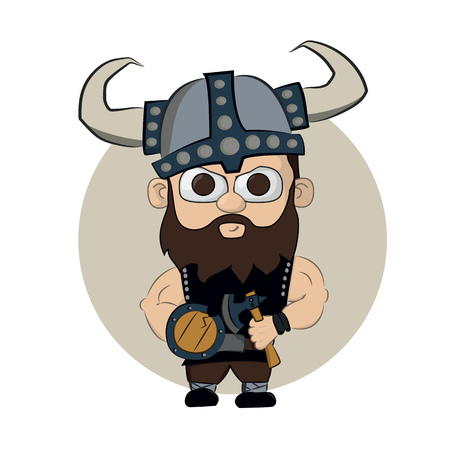 cute little Viking with an ax and a shield in a large helmet with big horns. Illustration Vectorのイラスト素材