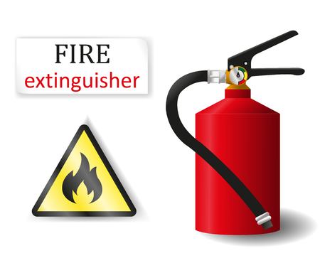 red fire extinguisher  3d, a yellow and black sign flammable and an inscription on a white background | Vector Illustrationのイラスト素材