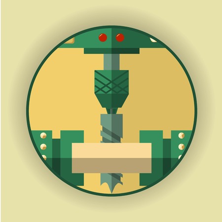Round, icon, symbol of the drilling process. The emblem for the company of heavy industry. Method of processing of various metals, plastics and wood. Vector Illustrationのイラスト素材