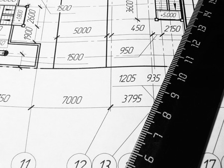 Engineering drawing. Factory Project. On Whatman paper are stationery. Background for an article site for technical subject. A photoの写真素材