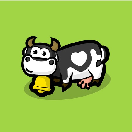 cute cow with a golden bell around on neck on a green meadow. Black and white cow with a white spot in the form of heart on the side. Illustration Vectorのイラスト素材
