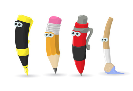 A set of school supplies: ballpoint pen, pencil, fountain pen, brush. Illustration vector.のイラスト素材