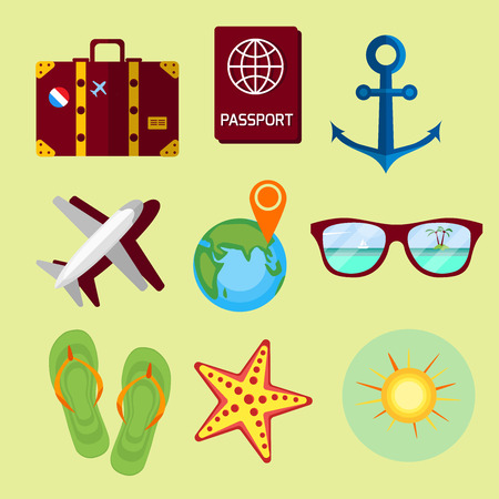 Travel, summer vacation, beach rest: sun, sea, waves, suitcase, shoes, passport, map. Vector flat background and objects illustrations. Icon set.のイラスト素材
