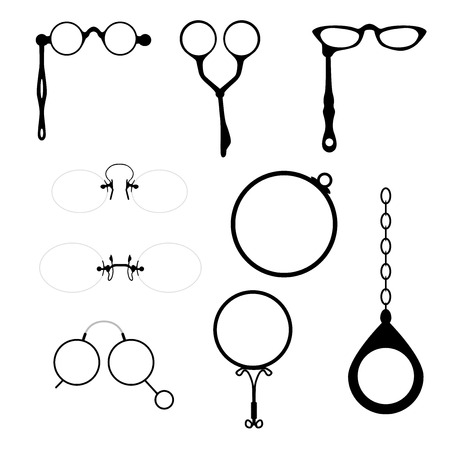 Eyeglasses frames set. Monocles, Pince-Nez, Lorgnette. Vintage, hipster, classic, modern, retro styles. Silhouettes on white background. のイラスト素材