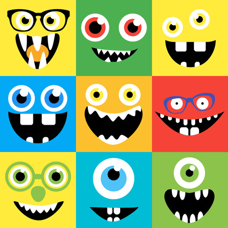Cartoon monster faces vector set. Smiles, eyes, eyeglasses. Cute square avatars and icons.のイラスト素材