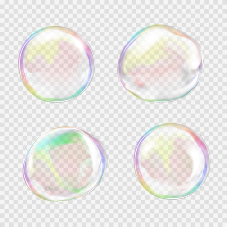 Set of multicolored transparent soap bubbles with glares, highlights and gradients. Custom shapes and colors.のイラスト素材