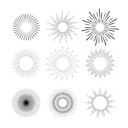 Collection of retro sunburst. Set of vintage light rays. Hand drawn vector design elements. Geometric shapes and starburst. Hipster Style Frames by ink and brush. For your design and business project.のイラスト素材