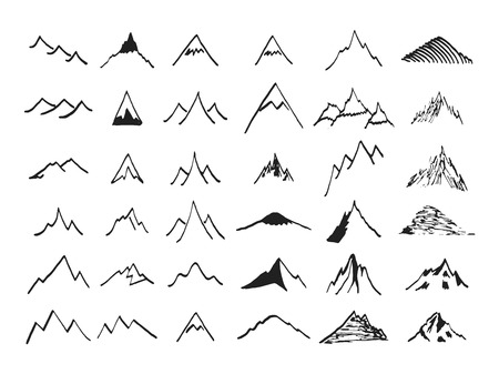 Mountain icons set. Hand drawn line icon. Vintage silhouette collection. Rock, ridges, volcano, snow ice peacks. Outdoor wilderness infographics elements. Ink sketches for your design and business.のイラスト素材