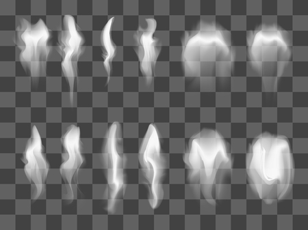 Set of transparent realistic white grey smoke. Smooth delicate isolated flowing cigarette smoke waves on transparent background. Custom shapes and colors. Fully editable vector illustration EPS 10.のイラスト素材