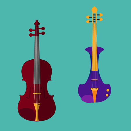 Set of different violins. Classical violin, electric violin. Isolated musical instruments on teal backgound. Vector illustration in flat style design.のイラスト素材