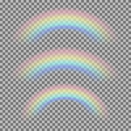 Vector set of different realistic transparent rainbows. Custom texture, shapes, size and colours. Isolated cartoon iris arc bow on plaid background. Colorful illustration for your design and business.のイラスト素材
