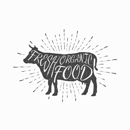 Cow. Farm animal icon, butchery concept isolated on white. Beef meat symbol, hand-drawing vintage silhouette. Premium beef label with grunge texture. Vector illustration for your design and business.のイラスト素材