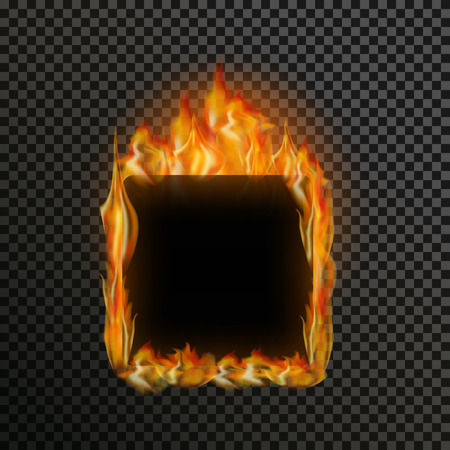 Realistic transparent fire flame frame with text space on a black white background. Special light effects. Translucent bonfire elements. Gradient mesh vector illustration for your design and businessのイラスト素材