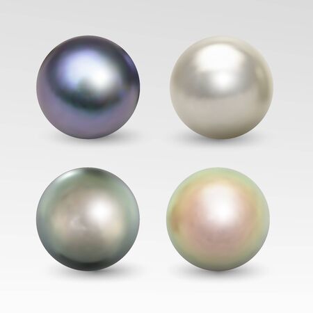 Pearl realistic set isolated on white background. Spherical beautiful 3D orb with transparent glares and highlights for decoration. Jewelry gemstones. Vector Illustration for your design and businessのイラスト素材