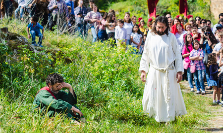 Alburquerque, Spain - april 03, 2015: A group of actors depicting the crucifixion of Christ in Alburquerque on Holy Fridayのeditorial素材