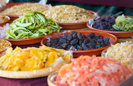 Dried fruits assortment at market in celebration of Almossassa, Badajoz, Spain.