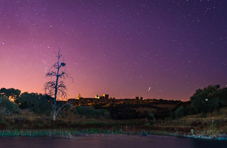 Alqu lake near Monsaraz village in the night, Portugalの写真素材