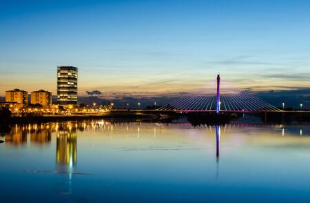 Night view of Royal Bridge over Guadiana River in Badajoz.の写真素材
