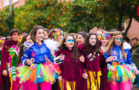 Badajoz, Spain, saturday. February.20. 2017 Participants in colorful costumes take part in the marimanta paradeのeditorial素材