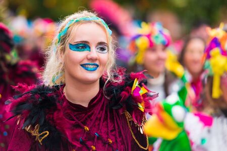 Badajoz, Spain, saturday. February.20. 2017 Participants in colorful costumes take part in the marimanta paradeのeditorial素材
