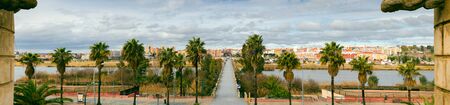 Panoramic view of Badajoz city with Palms Bridgeの写真素材