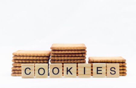 Cookies isolated on a white background with textの写真素材