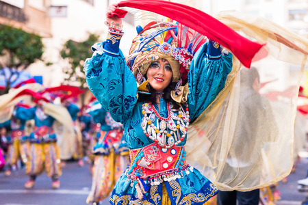 Badajoz, Spain, sunday. February.26. 2017 Participants in colorful costumes take part in the...