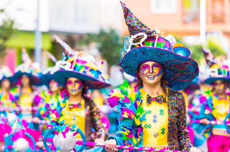Badajoz, Spain, sunday. February.26. 2017 Participants in colorful costumes take part in the carnival parade in Badajoz 2017のeditorial素材