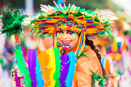Badajoz, Spain, sunday. February.26. 2017 Participants in colorful costumes take part in the carnival parade in Badajoz 2017のeditorial素材
