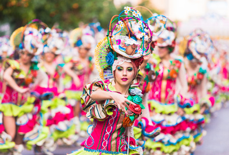 Badajoz, Spain, sunday. February.26. 2017 Participants in colorful costumes take part in the carnival parade in Badajoz 2017のeditorial素材